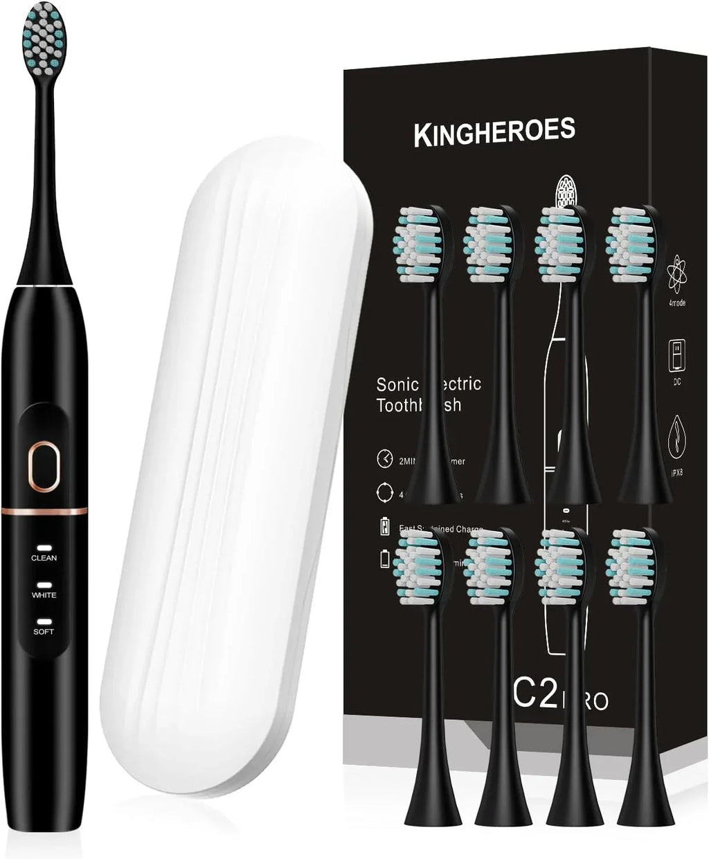 Electric Toothbrush Set, Comes with 8 Brush Heads & Travel Case (Black)