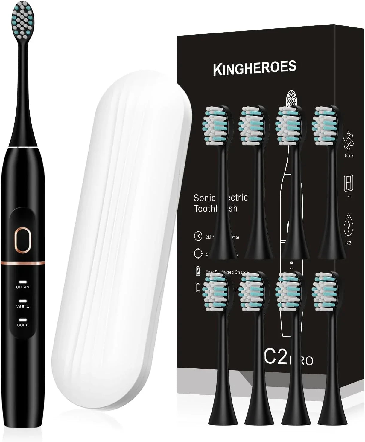 Electric Toothbrush Set, Comes with 8 Brush Heads & Travel Case (Black)