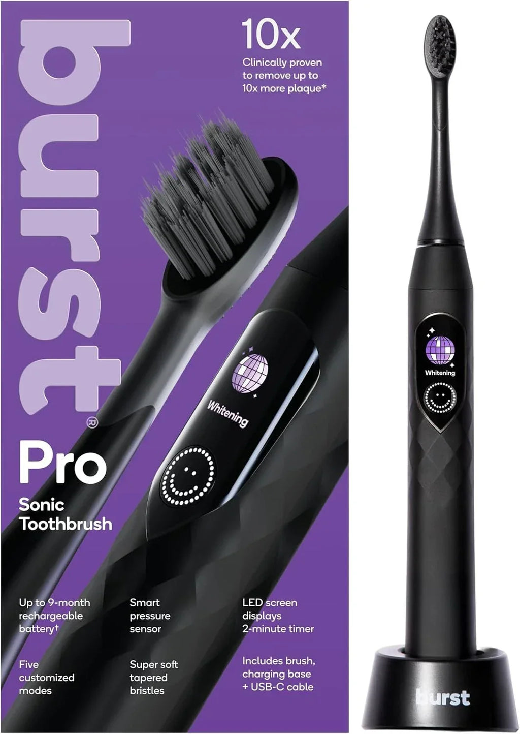 Sonic Toothbrush Smart Pressure Sensor Burst Pro LED Screen 5-Modes Black